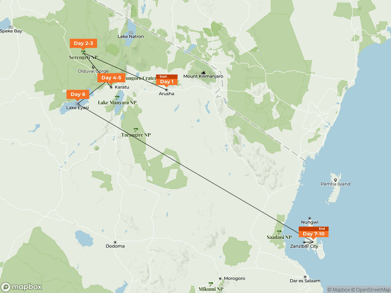 Route map of the Tanzania and Zanzibar itinerary, from Arusha through the northern safari circuit to Zanzibar