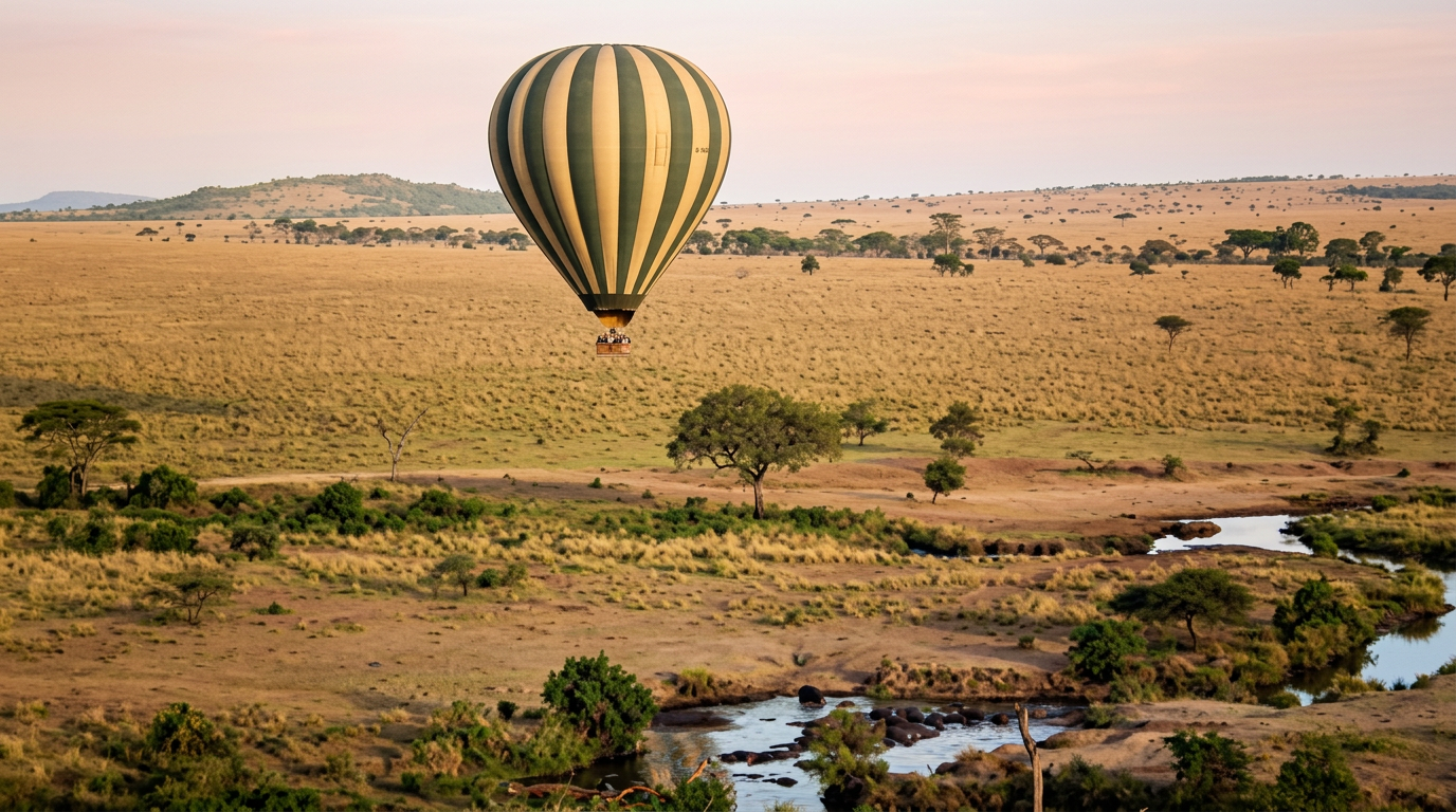 Hot air balloon drifting over the Serengeti at sunrise
