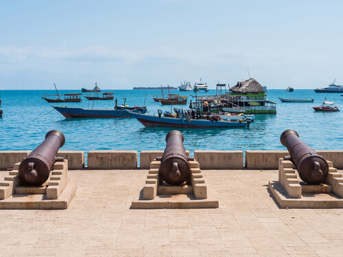 Historic cannons overlooking boats and turquoise water on the Stone Town waterfront