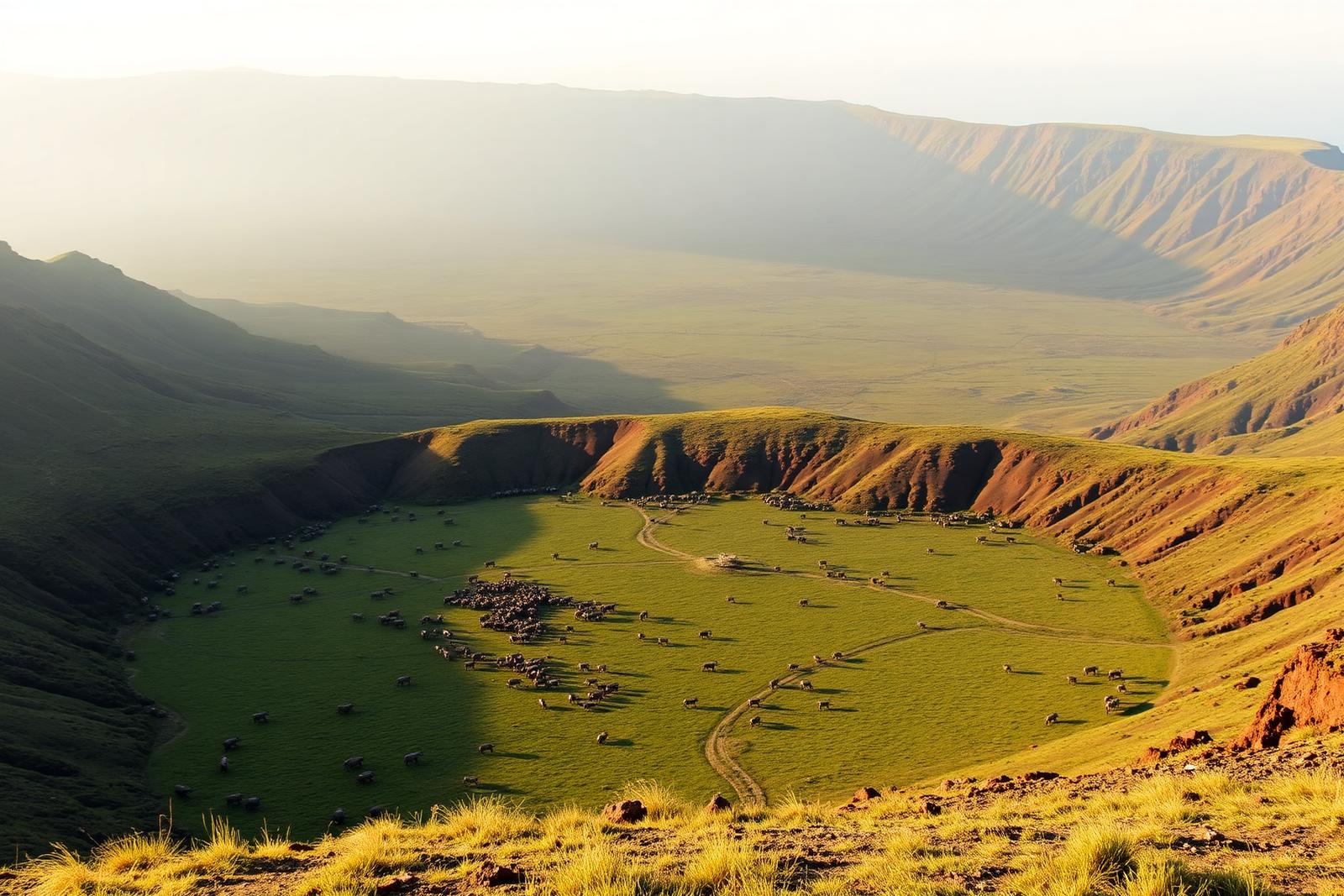 View across the green Ngorongoro Crater floor from the crater rim in morning light